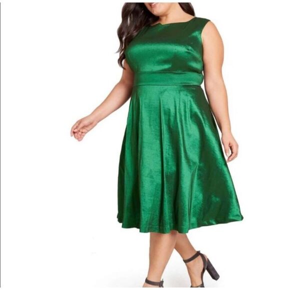 NWT ModCloth Fantastic Taffeta Fit & Flare Dress Sz 16‎ Green Iridescent Retro - Picture 9 of 9